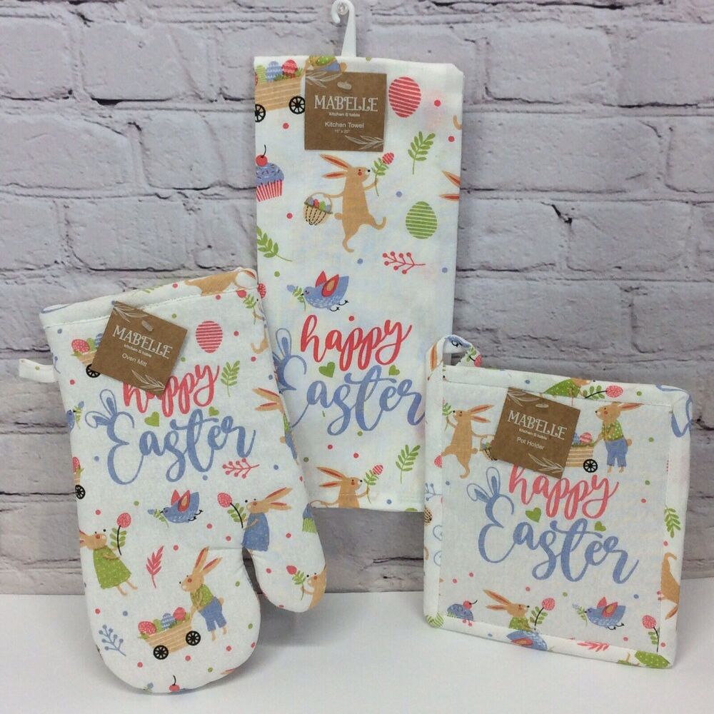 Happy Easter 3 Pc Kitchen Set Spring Pastel Blue Dish Towel/Pot Holder/Oven Mitt